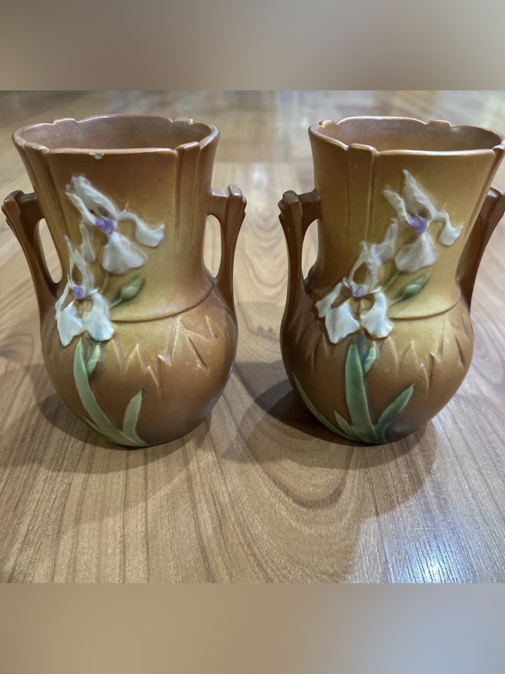A Pair Of 2 Vintage Roseville Pottery Iris Vases 917-6